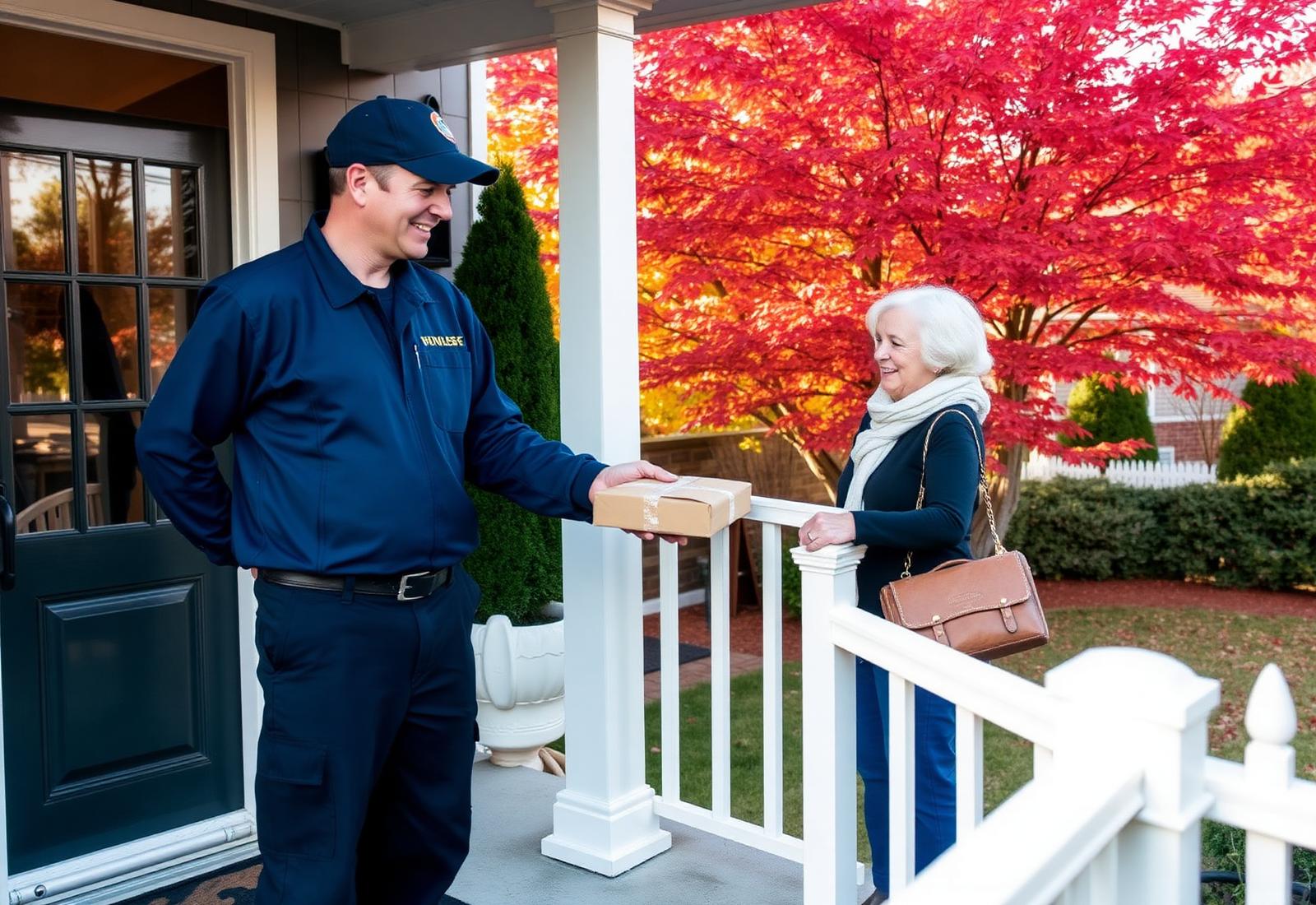 Mastriano Courier driver handing a parcel to a customer on a New England porch